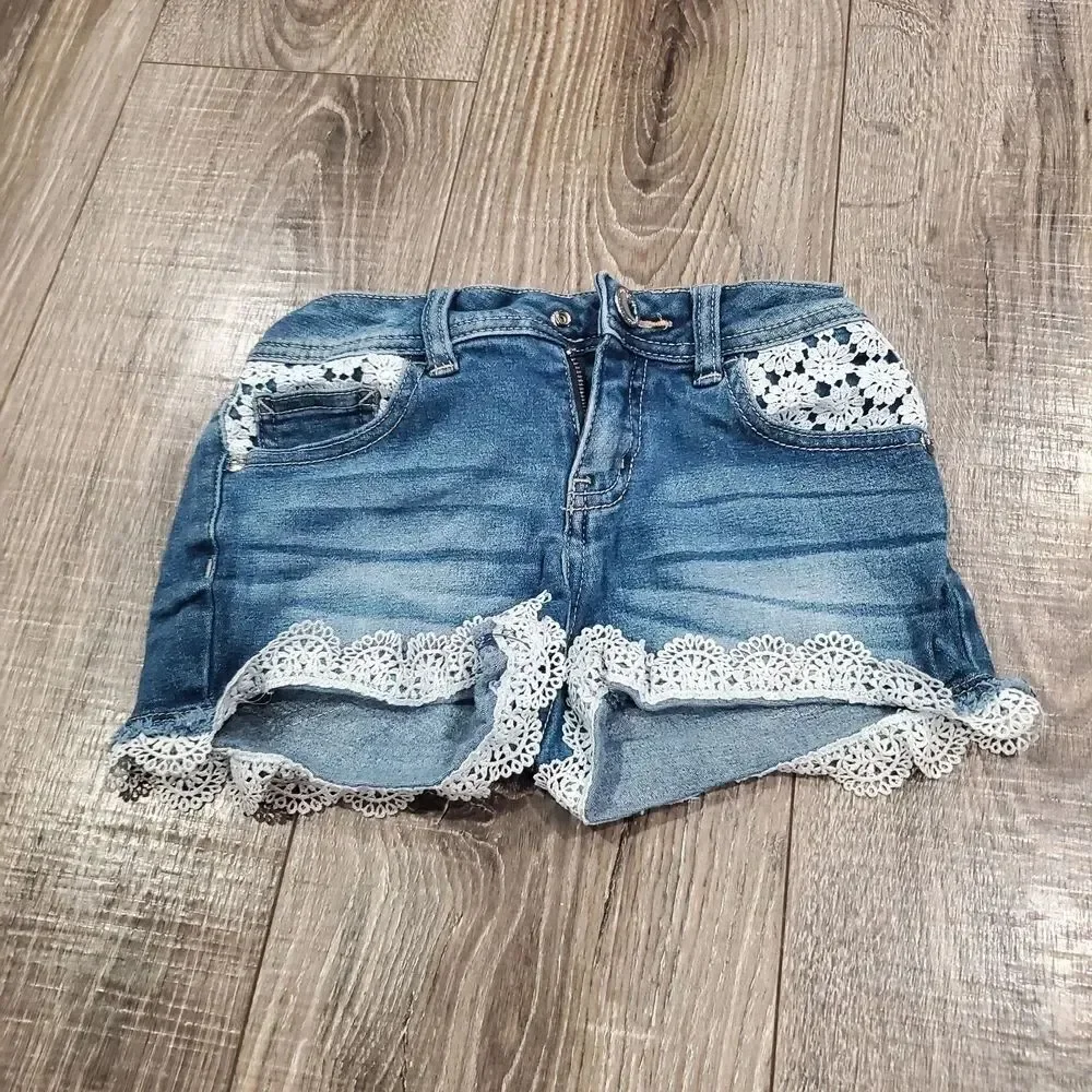 Girls Justice Jean Shorts Size 9 Blue Jean Shorts with White Lace Trim